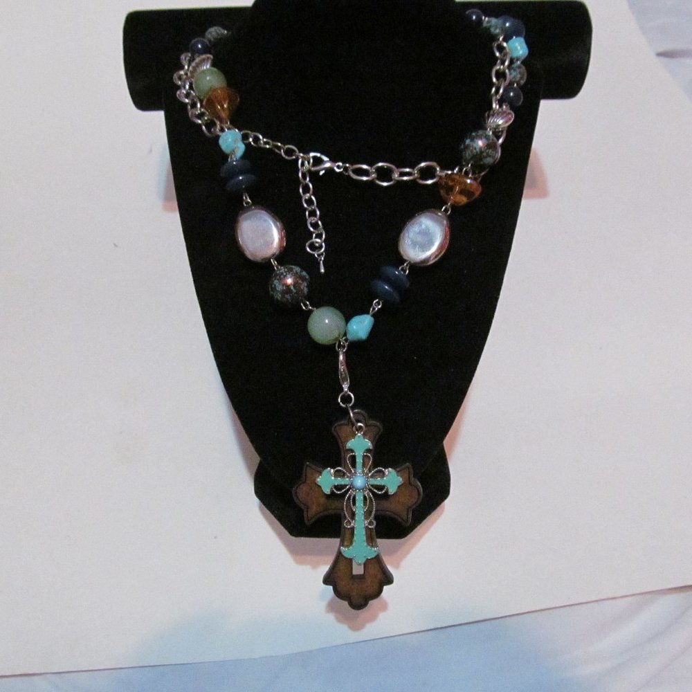 Long silver tone necklace mixed beads wooden cross